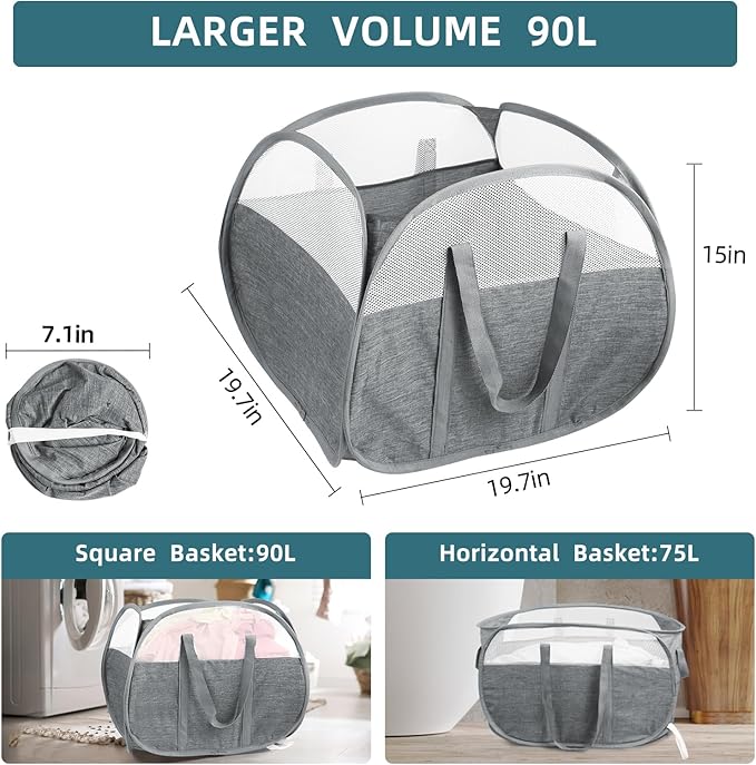 Collapsible Laundry Baskets, 90L Large Foldable Laundry Basket, Tear-proof Pop