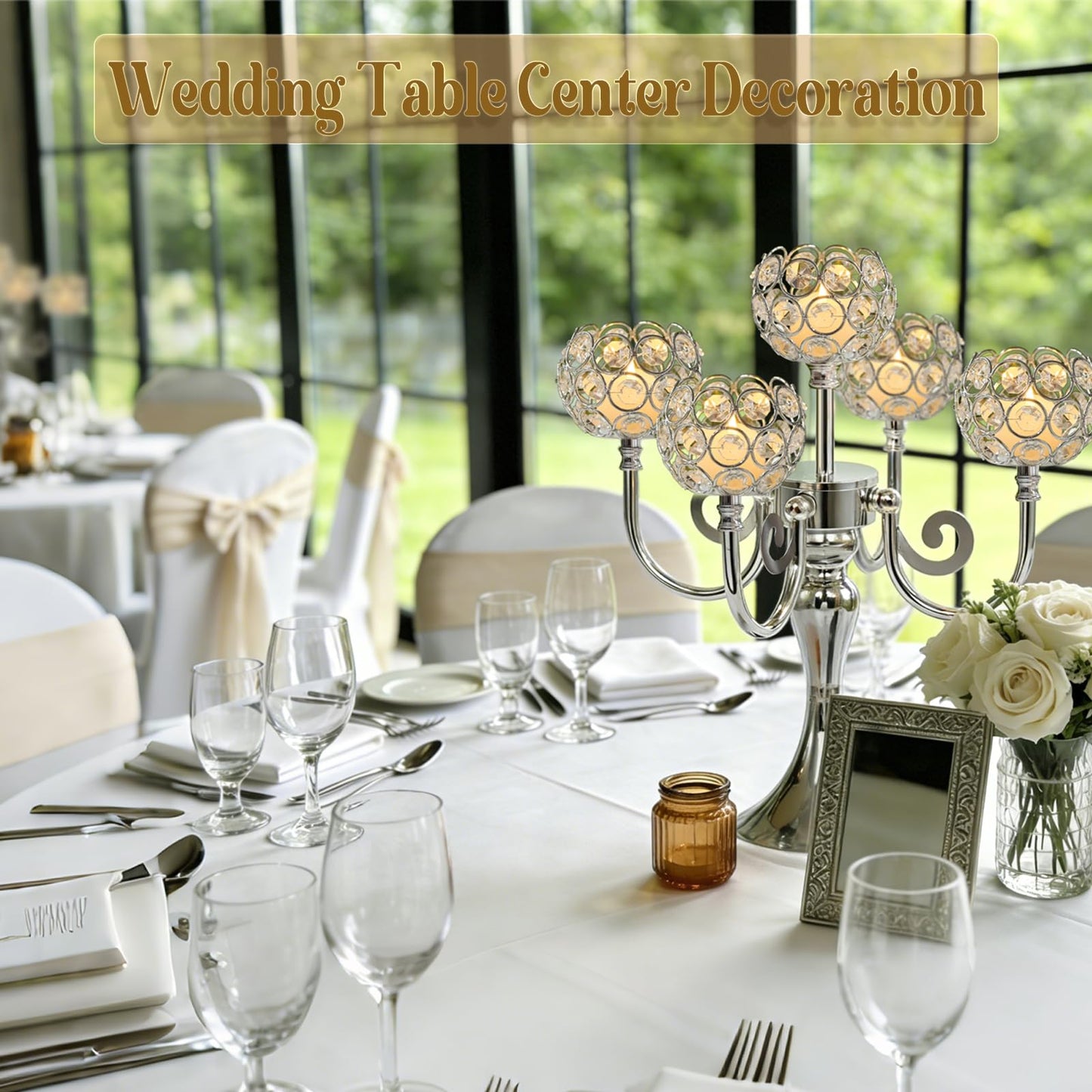 5 Arm Metal Crystal Candelabra Centerpiece - 13.4 Inch Elegant Candle Holder with Crystal Beads for Wedding Party Christmas Home Dining Table Decoration (2, Silver)