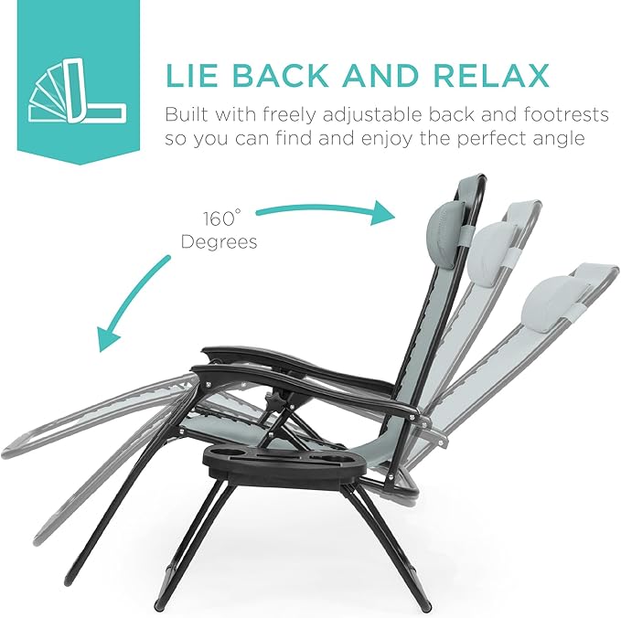 Best Choice Products Set of 2 Adjustable Steel Mesh Zero Gravity Lounge Chair Recliners w/Pillows and Cup Holder Trays - Stardew