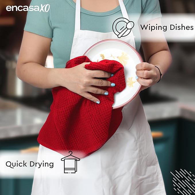 Encasa XO Kitchen Dish Towels Set | Red | Waffle Weave and Flat Hand Tea Towel