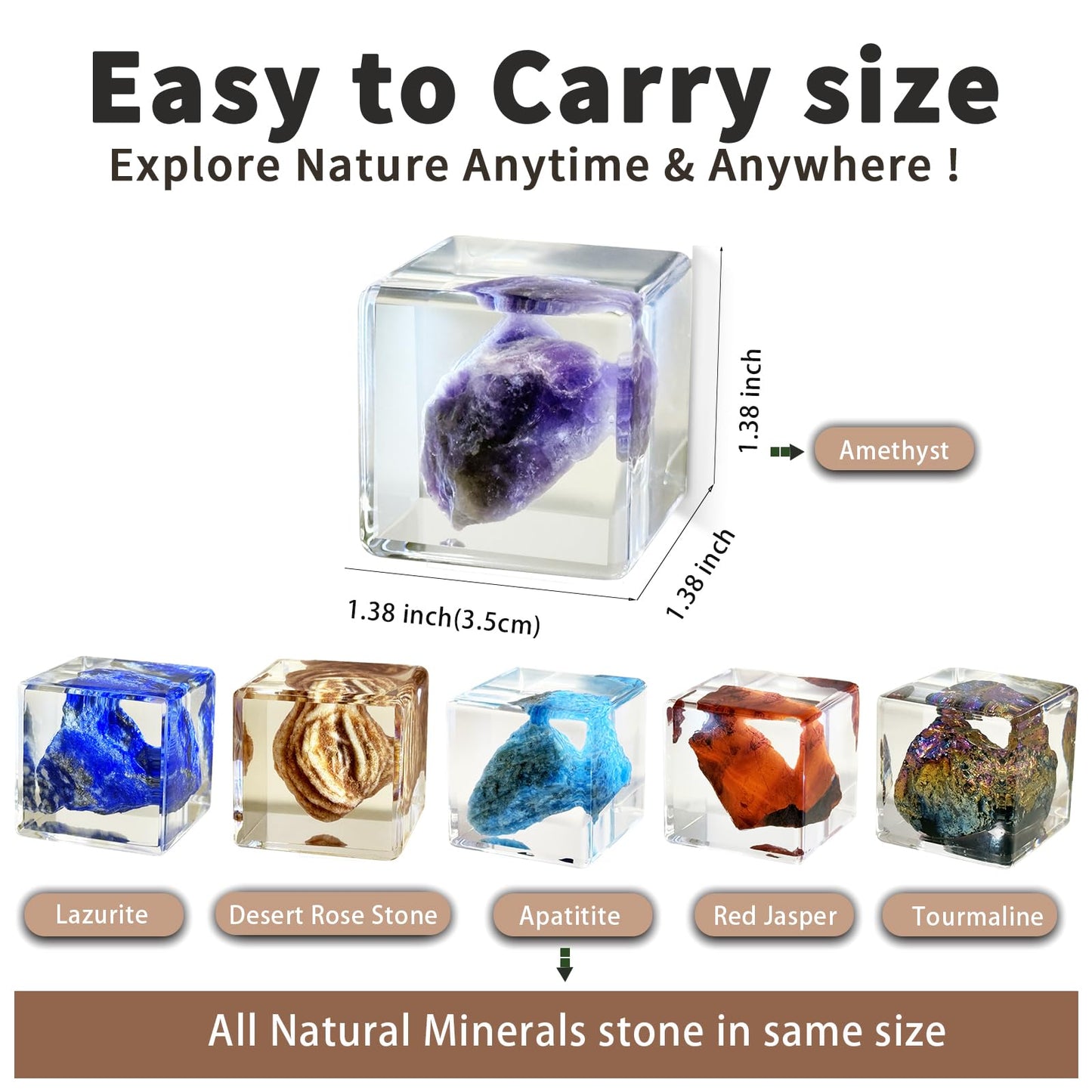 Crystal Specimen in Resin Cube - 6 Minerals Amethyst Lapis Lazuli for Geology Classroom STEM Education Healing Crystals Collection Display Gift 1.38×1.38×1.38inch