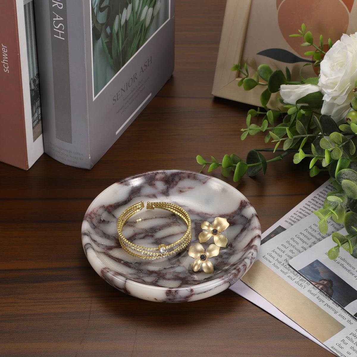 GUSHBIN Small Round Key Bowl for Entryway Table - 5.5" Natural Marble Jewelry Dish Tray Decorative Key Plate Holder Catch All Bowl for Earring Necklace Ring Holder for Bathroom