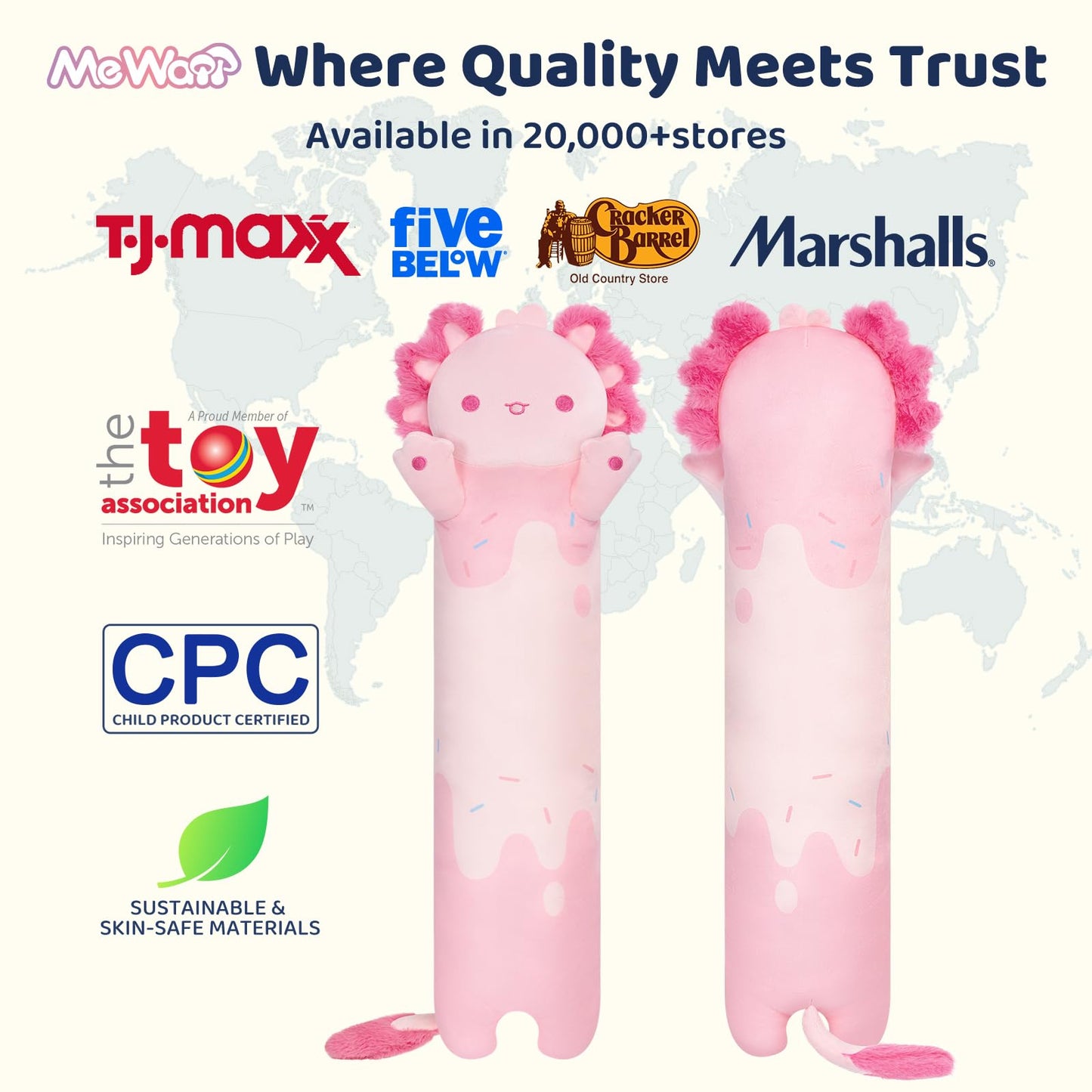 Mewaii 20in Long Pink Axolotl Plush Pillows Stuffed Animals Squishy Pillows - Cute Axolotl Plushie Sleeping Hugging Plush Pillow Soft Toys for Kids