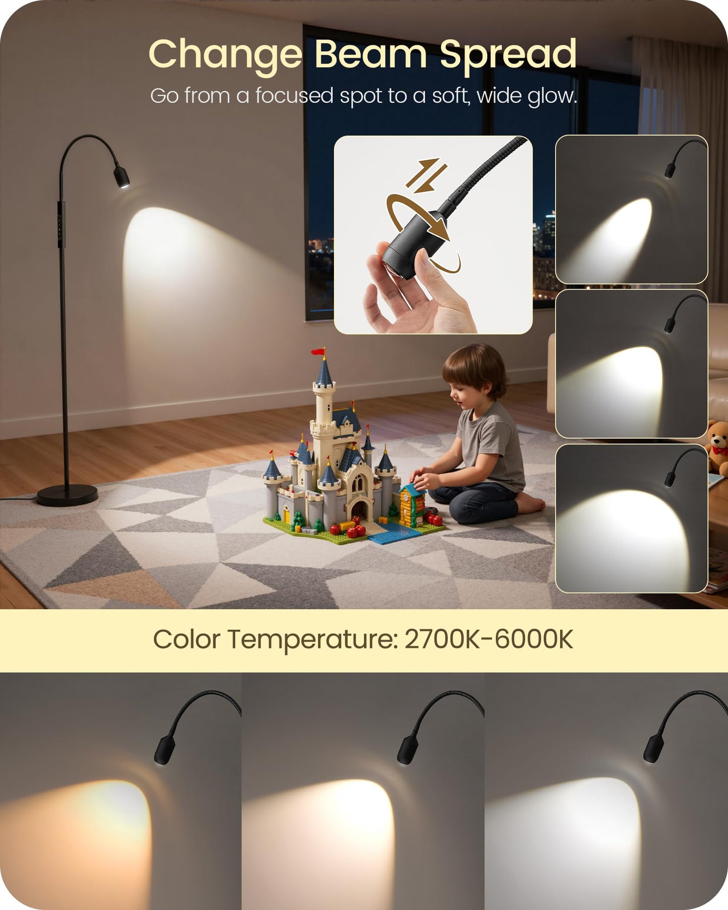 GOEBLESON Reading Floor Lamp, 74.2" Tall LED Lamp, with 360° Flexible Gooseneck & Touch & Remote Control, Ajustable Color & Beam, Crafts Standing Lamp, for Reading, Task Craft, Living, Black WB16LD05