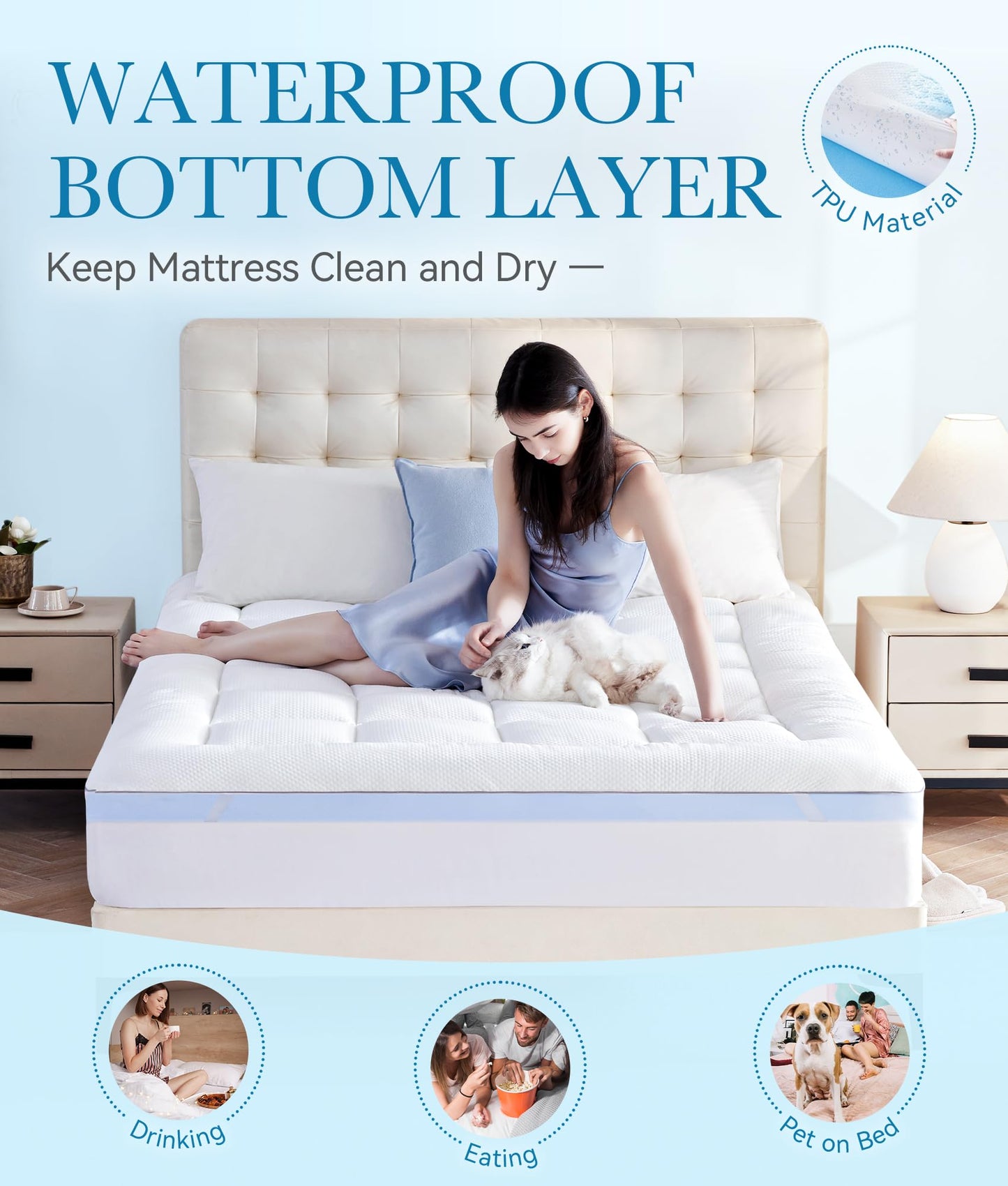 BDEUS Waterproof Dual Layer 3 Inch Memory Foam Mattress Topper Queen Size, 2 Inch Gel Memory Foam Plus 500 GSM Down Alternative Quilted Pillow Top Mattress Pad Cover for Kids, Pets