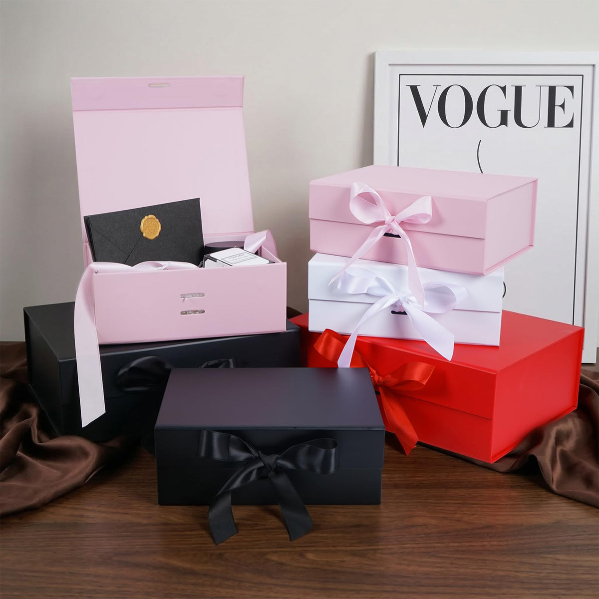 Aimyoo 5 Pack Pink Gift Box with Ribbon, 8.6x6.7x3.4 inch Groomsman Proposal Box for Presents with Magnetic Closure Lids, Rectangle Collapsible Luxury Box for Wedding, Christmas, Halloween, Birthday