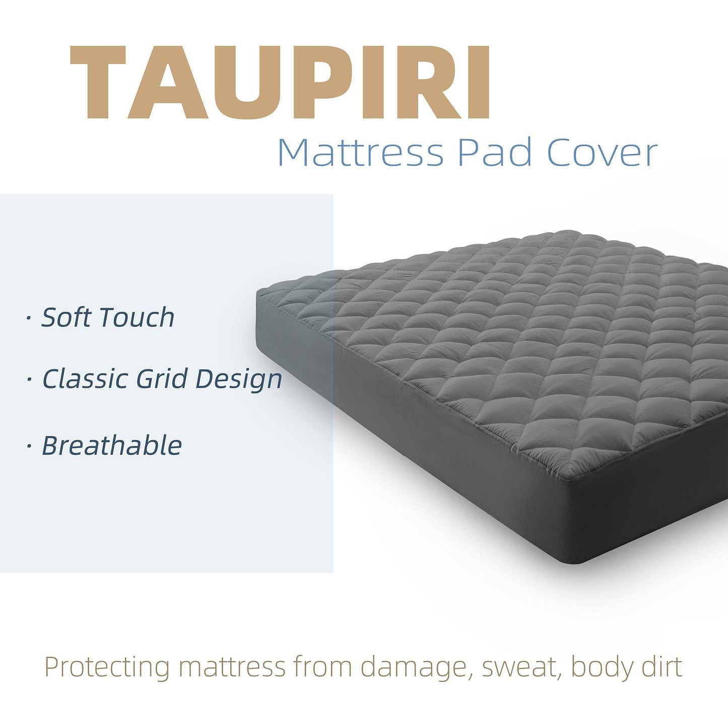 Taupiri Queen Quilted Mattress Pad Cover with Deep Pocket (8"-21"), Cooling Soft Pillowtop Mattress Cover, Down Alternative Mattress Protector Topper, Dark Gray