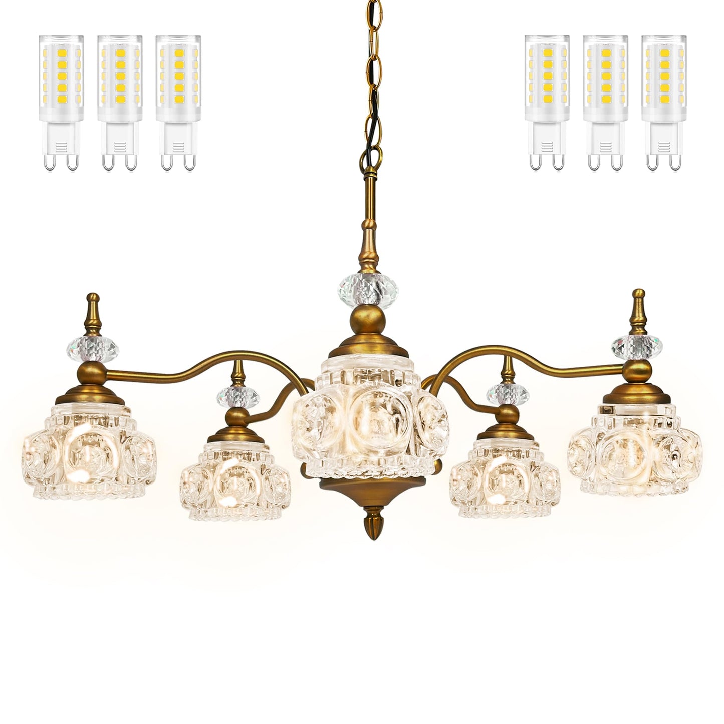 Montex Brass Pendant Light Fixture, Gold Vintage Chandelier Light Fixture 5 Lights, Include 6 Light Bulbs Glass Pendant Light Crystal Hanging Light