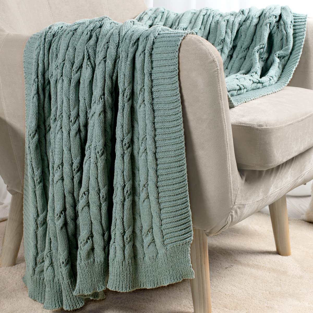 Carriediosa Chunky Knit Throw Blanket & Cable Knit Throw Blanket， 50" X 60" Sage Green