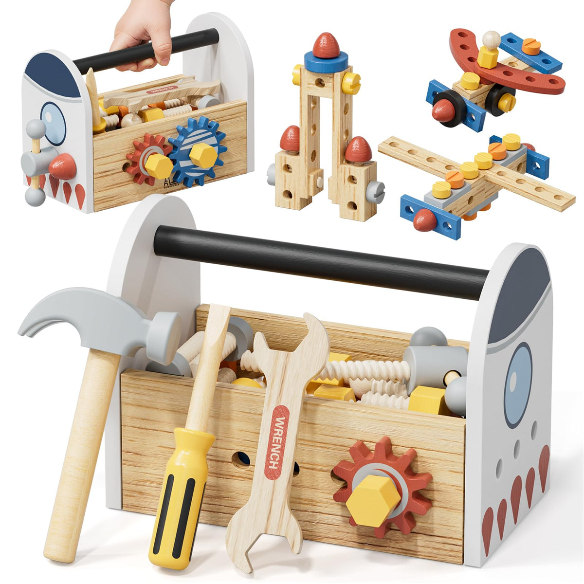 Wooden Kids Tool Set, Space Themed Montessori Toy, 47Pcs Construction Toolbox for Toddlers 3-5 Years Old