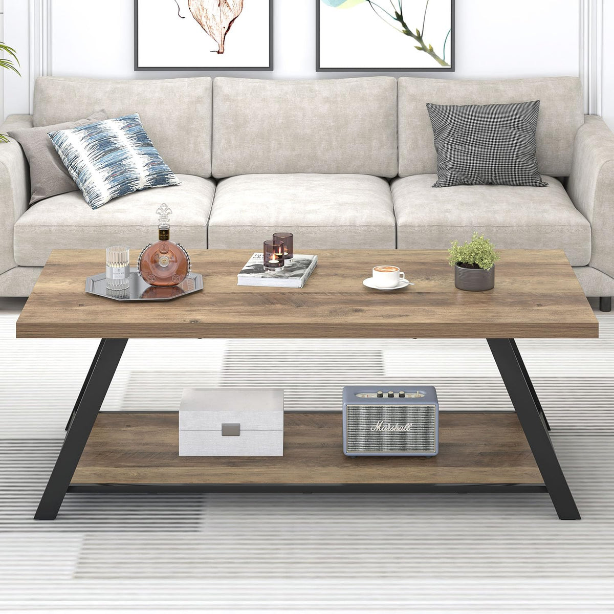 EXCEFUR Modern Coffee Table, Rectangle Center Table for Living Room with Storage Shelf, Industrial Wood and Metal Cocktail Tea Table, Rustic Oak, 47 Inch
