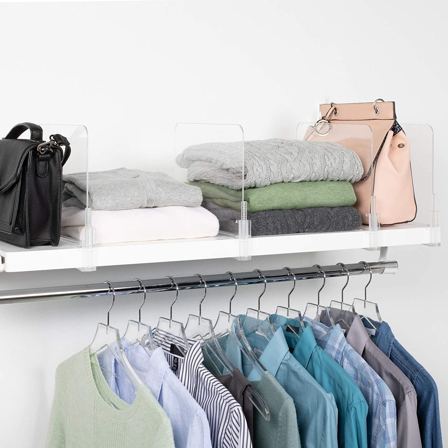 Richards Homewares Acrylic Shelf Dividers - Purse, Sweaters Organizer for Closet - Clear Separators Closet Shelf Organizer - 4 Pack Adjustable up to 2.5” Thick