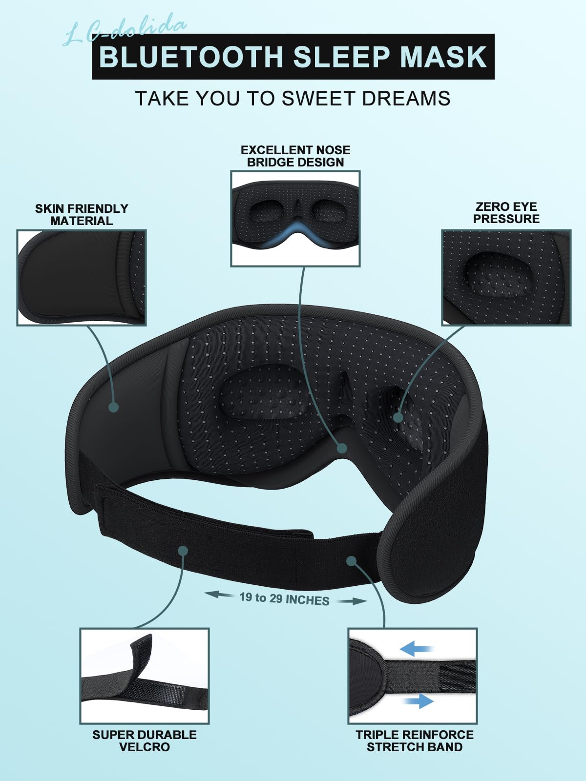 LC-dolida Sleep Headphones, 3D Sleep Mask Bluetooth Wireless Music Eye Mask, Sleeping Headphones for Side Sleepers Sleep Mask with Bluetooth Headphones Ultra-Thin Stereo Speakers Perfect for Sleeping