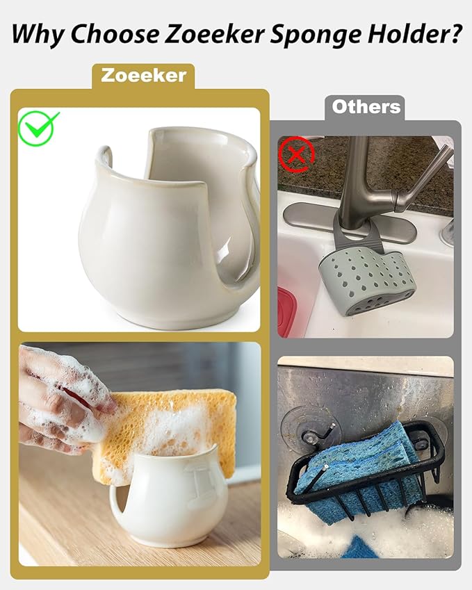 Sponge Holder for Kitchen Sink Counter, Ceramic Dish Sponge Caddy White Sink