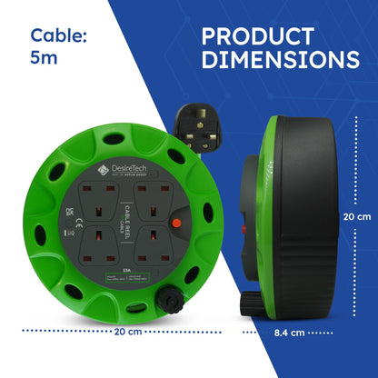 Desiretech - 4 Socket Extension Lead - 5m Portable Cable Reel - Thermal Cut Out, Ergonomic Handle, Green/Black - Heavy Duty Extension Cord for Indoor Use (5 Metre)