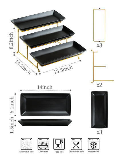LYEOBOH 3 Tier Serving Tray Set, Tiered Serving Stand with Platters, Serving Dishes for Entertaining Halloween Christmas Party, Collapsible Sturdier Stand & 14 Inch Large Platters for Food Display