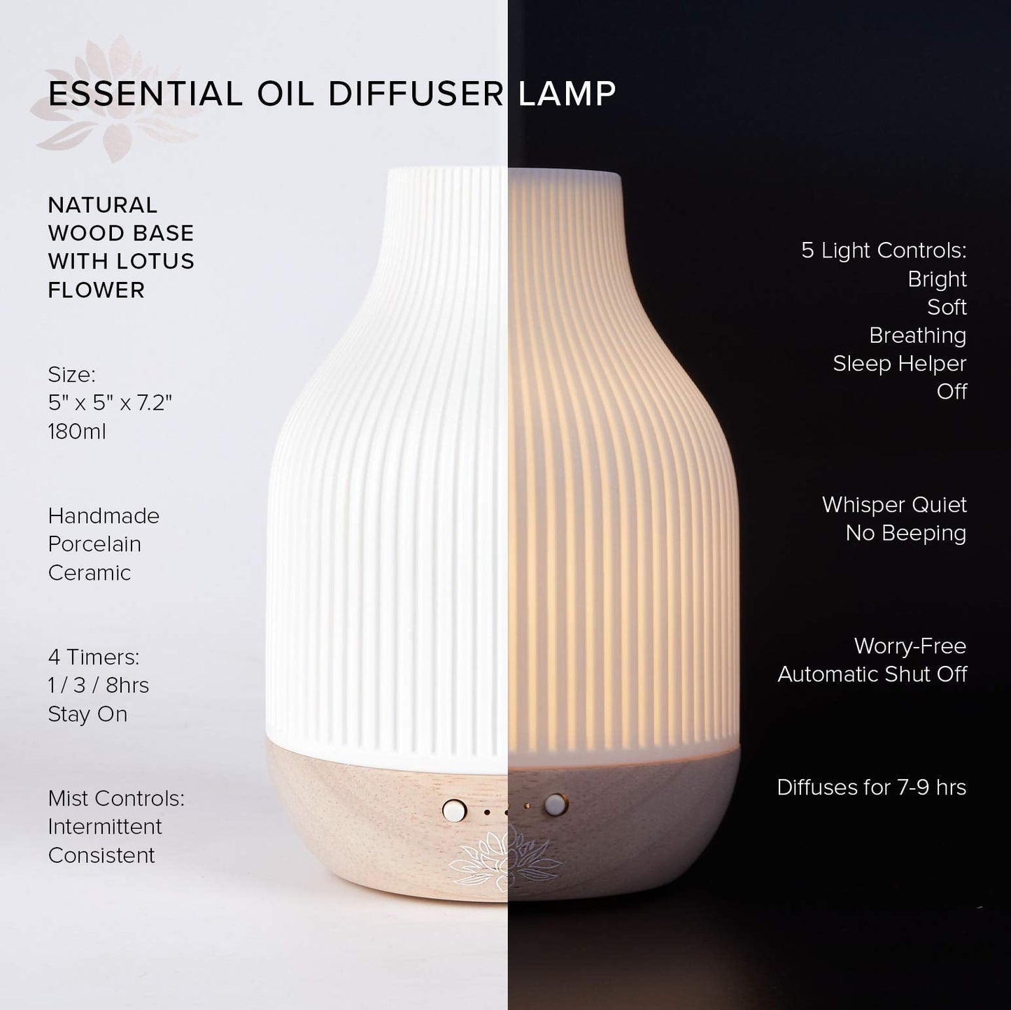 Sacred Lotus Love Ceramic Essential Oil Diffuser – Ultrasonic Aroma Diffuser with Wood Base, Ambient LED Light and Timer Settings