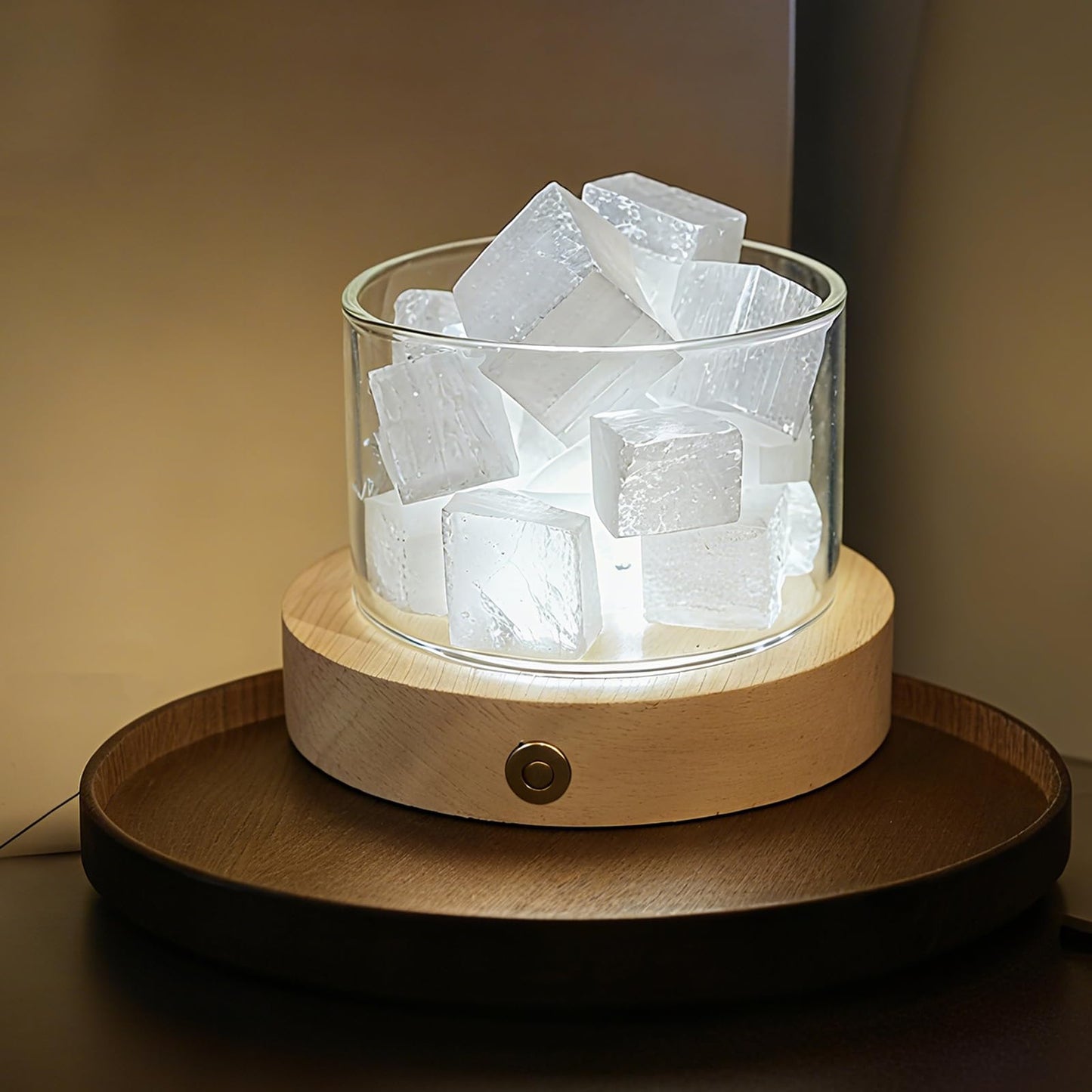 Lamptobe Selenite Crystal Lamp with Wooden Base Selenite Crystals Gift for Women Healing Birthday Meditation Yoga Spiritual Chakra Reiki Energy Cleansing Night Light Home Office Decor