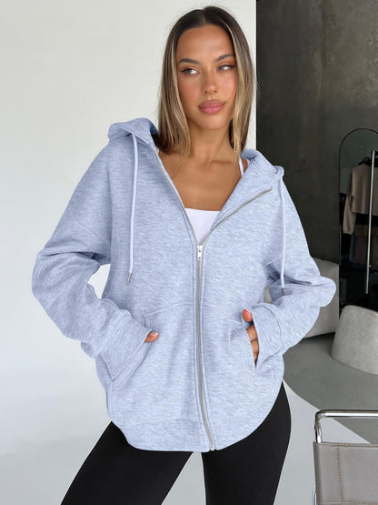 Trendy Queen Womens Zip Up Hoodies Oversized Sweatshirts Fall School Fashion Outfits Casual Jackets 2025 Winter Clothes Grey M