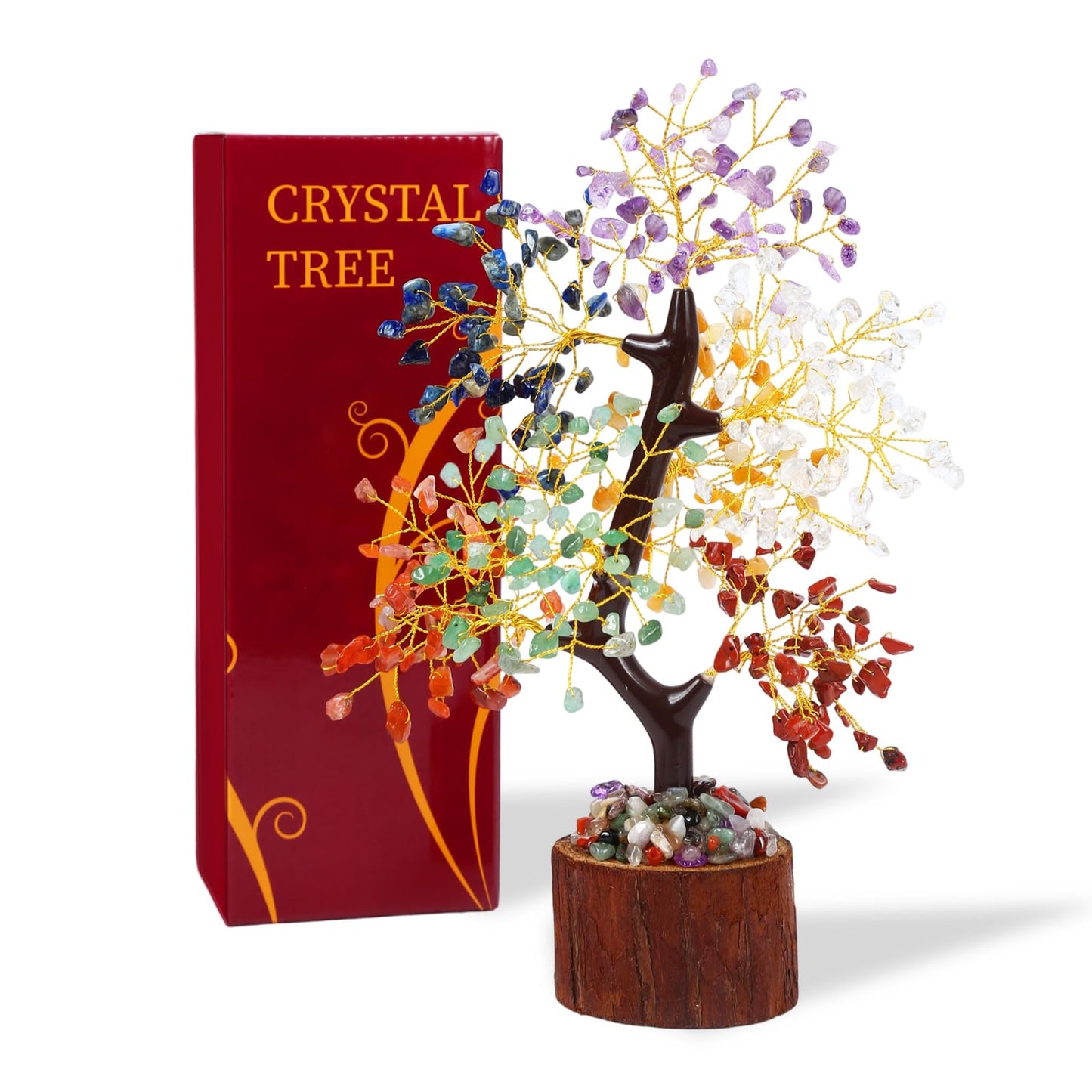 Crystal Tree of Life with Chakra Stones - Healing Crystals Decor for Desk & Home, Housewarming Gifts for New Home, Unique Birthday Gifts for Women, Sisters, Friends (7 Chakra Tree Wooden Base)