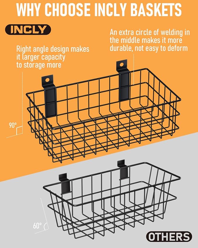 INCLY 4 Pack Black Slatwall Baskets Set, Ventilated Metal Hanging Storage Slat
