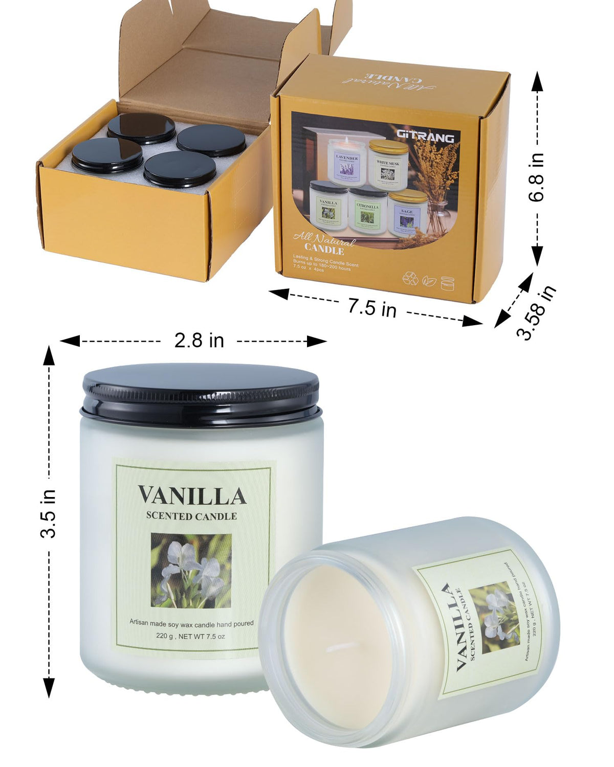 GITRANG 4 Pack Vanilla Candle Set, 30 oz 200 Hour Home Aromatherapy Jar Candles, Long Lasting Aromatherapy Candles for Bedrooms Yoga Rooms Lounges Gardens Patios Balconies and Camping