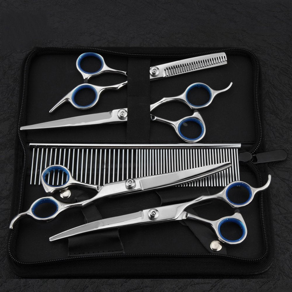 Hundeschere Fellschere für Hunde Katze 5-in-1 Scharfe Gebogene Schere Set Dog Grooming Set für Gesicht, Körper, Ohren