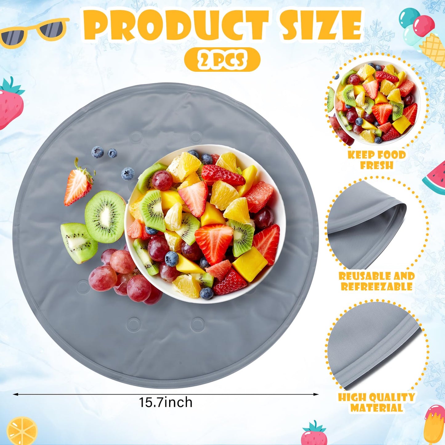 Reallnaive 2 Pcs Reusable Freezable Ice Mat Buffet Chilled Serving Tray 15.7'' Round Charcuterie Chilling Mat PVC Foldable Cooling Charcuterie Cooler for Food Cheese Picnics Party(Grey,Classic)