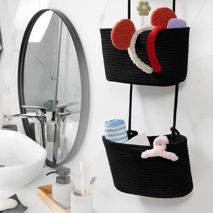 TeoKJ Over the Door Organizer, 3-Tier Woven Cotton Hanging Kitchen Baskets
