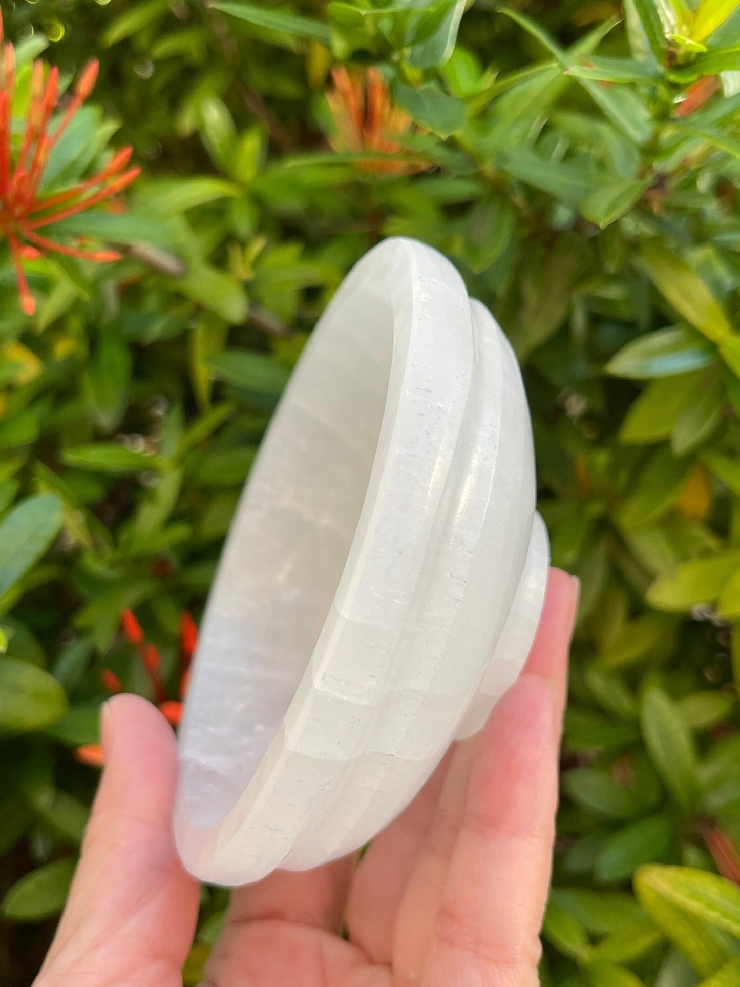 GAF TREASURES Gemstone Carved - 4" Diameter Selenite Crystal Polished Charging Bowl With Curves And Pedestal, Selenite Bowl On Stand