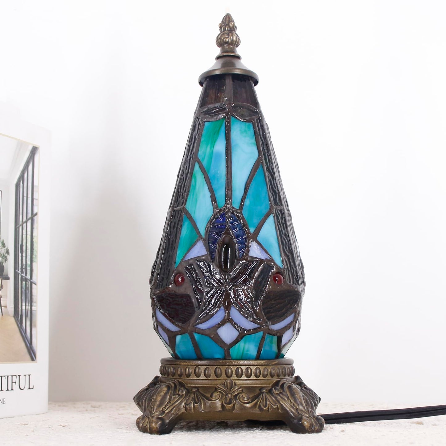 TCODTPOL Small Tiffany Lamp Stained Glass Table Lamp 5.5X11 Inch Christmas Tree Lighthouse Mini Accent Memory Sympathy Antique Night Light for Bedroom Living Room (Green Liaison)