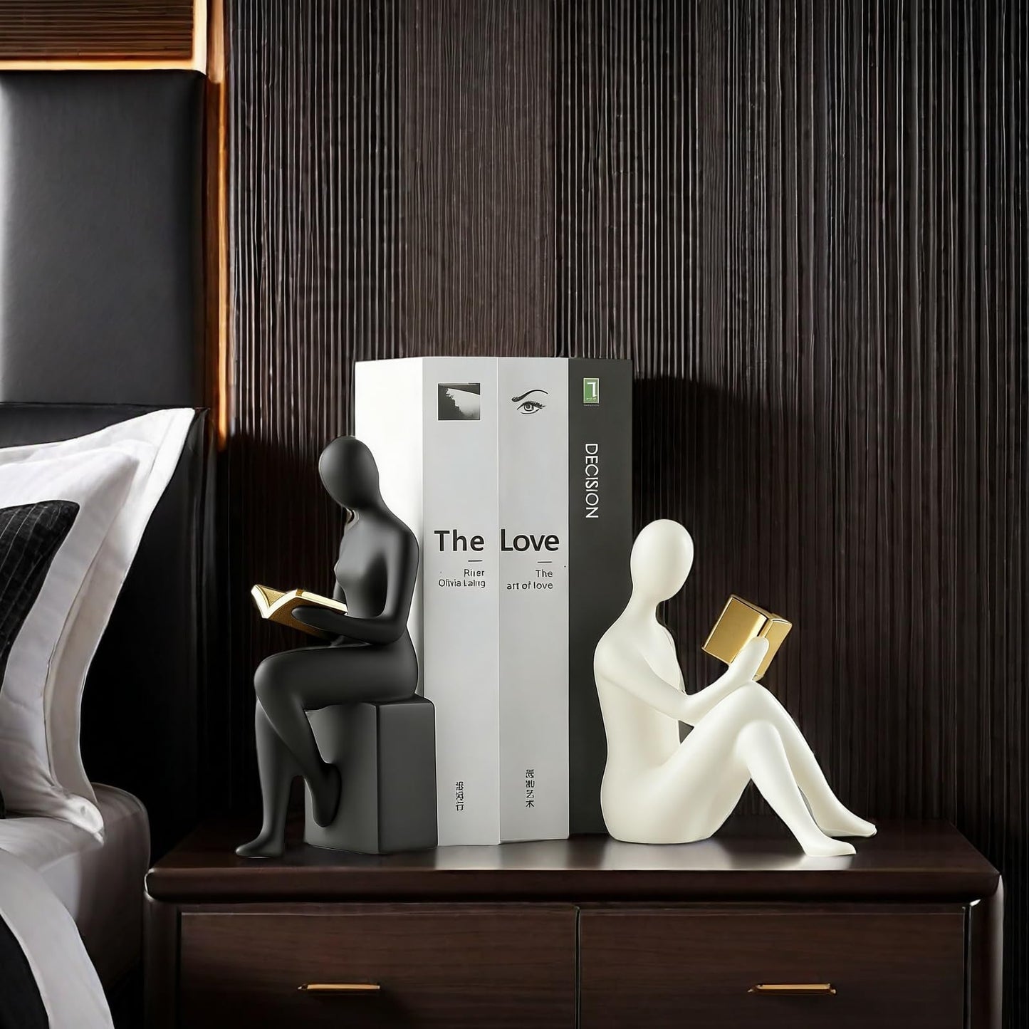 Home Decorative Reading Women Girl Statue Bookends Elegant Resin Bookshelf Room Office Desk Decor,Paper Weights, Book Ends,Bookend Supports, Book Stoppers, Set of 2 (Black and White)