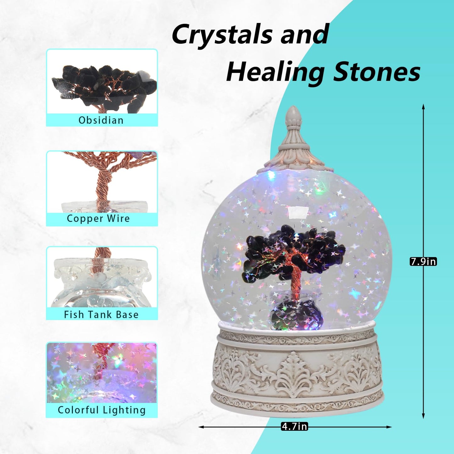 Obsidian Healing Crystal Tree Globe with Colorful Lights and Sparkling Glitter, Natural Gemstone Base, Spiritual Meditation, Positive Energy Good Luck, Home Decor, Birthday Gifts (Obsidian)