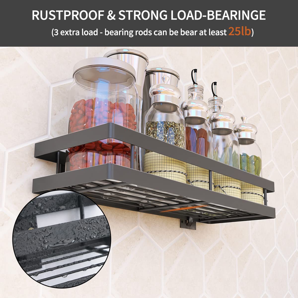 PINNIYOU Spice Rack Organizer Wall Mount, 14" Hanging Black Spice Organizer Shelf, 2 Pack Farmhouse Seasoning Organizer, Spice Shelves Holder for Kitchen, Flexible Bathroom Organizer