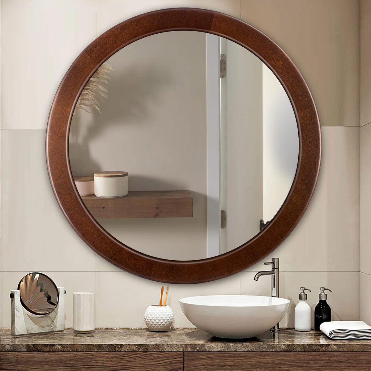 CULER Round Mirrors 30 Inch,Wood Vanity Wall Rustic Mirror with Walnut Frame, Wooden Mirror for Bathroom Bedroom Living Room Or Entryway(Walnut Brown)