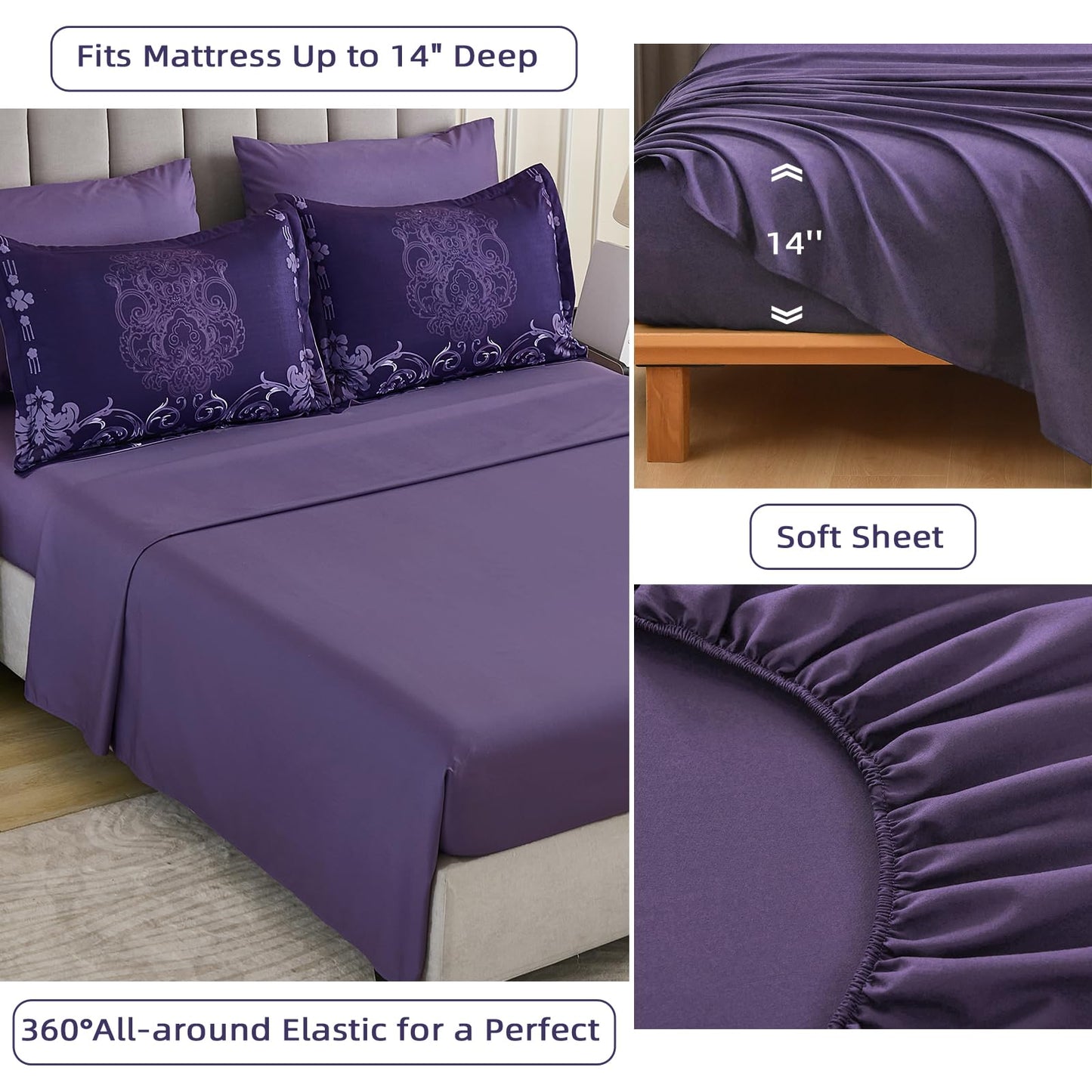 Mybedsoul Dark Purple Queen Comforter Set, 7 Pieces Boho Bed in a Bag for Queen Bed, Damask Comforter with Sheets Pillowcases, Soft Microfiber Lightweight Bedding Sets for All Season(90"x90")