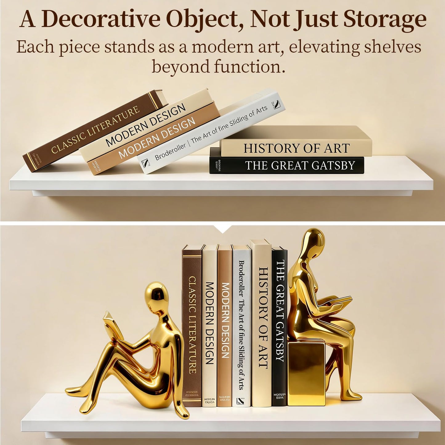 Decorative Bookends Set, Ceramic Book Ends for Shelves, Home Office Aesthetic Book Stopper, Reading Book Holder Statues for Bookshelf Bedroom Living Room Decor (Gold)