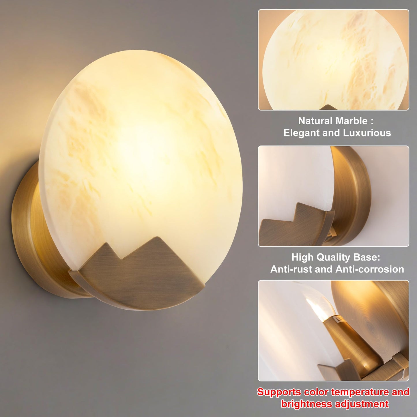 hkintty Marble Wall Sconce, Natural Marble & Gold Round Wall Sconce Hardwired, Dimmable Indoor Wall Light Fixture, Modern Wall Mounted Sconce for Bedroom Living Room Hallway Staircase (7.87", 1-Pack)