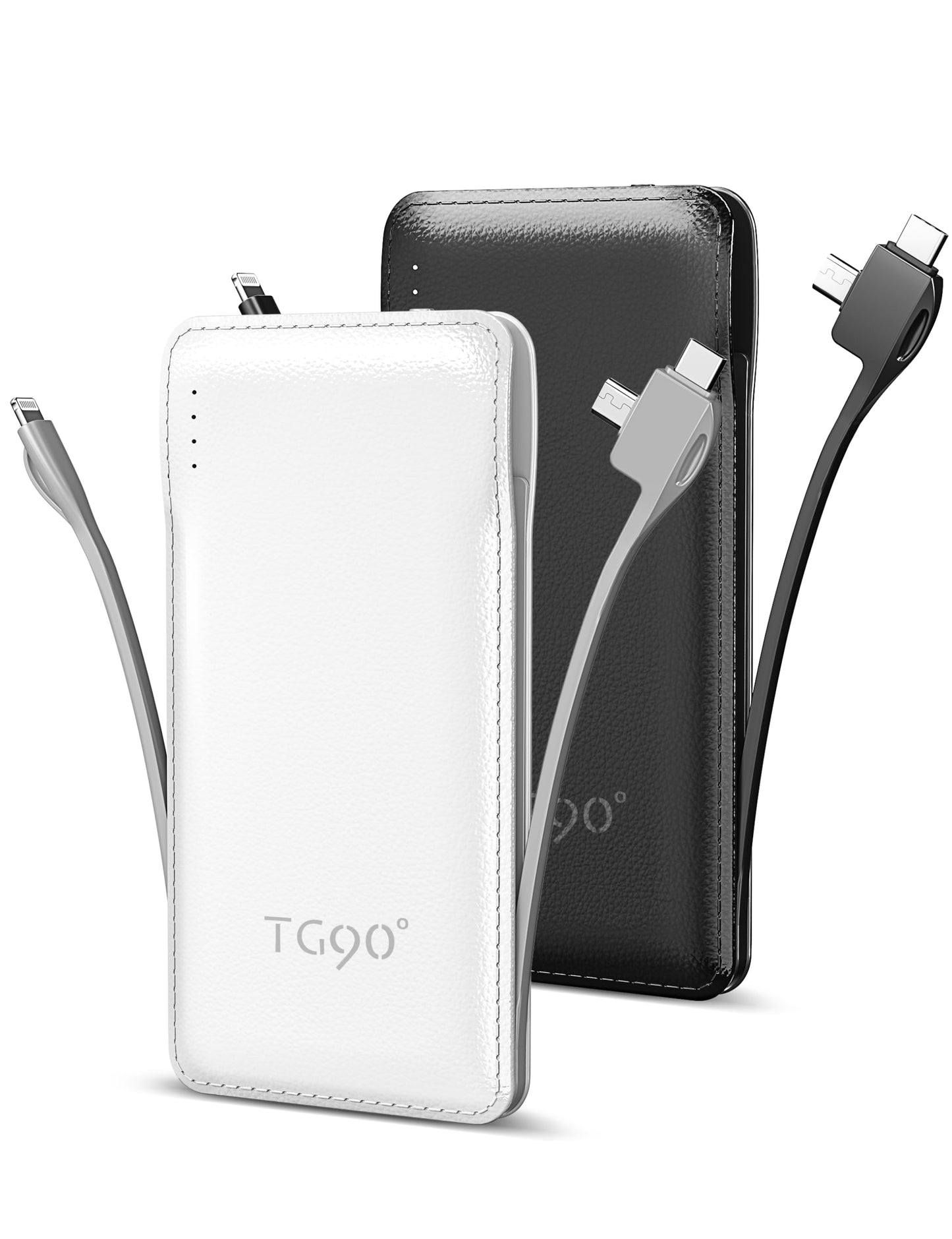TG90° Portable Charger 10000mah Cell Phone Battery Backup, Ultra Slim Power Bank with Built in Lightning and USB-C Cable, Portable Phone Charger Battery Packs Compatible with iPhone Android Phones