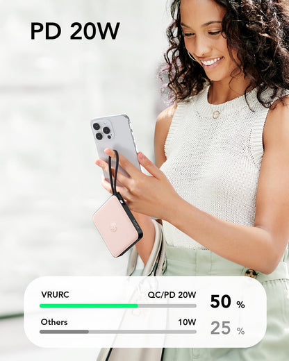 VRURC 20000mAh Power Bank Built-in Cables, Travel Essentials, Portable Charger 22.5W Fast Charging USB C Battery Pack, Phone Battery for iPhone 17 15 14 13 12 11 x Samsung Android Phone,Pink(1 Pack)