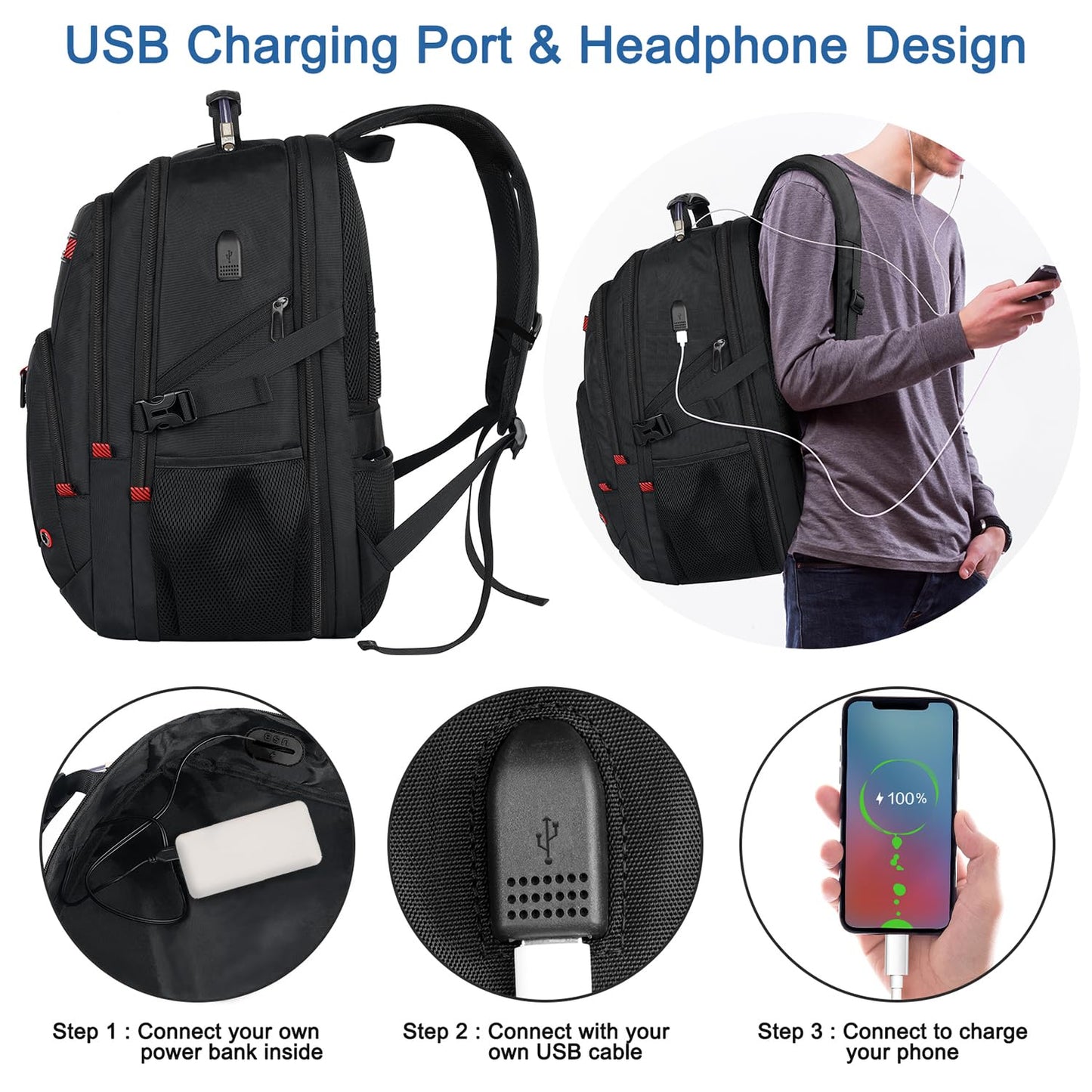 Z-MGKISS Travel Laptop Backpack, 52L Extra Large Backpack for Men, Overnight Backpack, TSA Flight Rucksack 17.3 Inch, Anti-Theft Work Bag with USB Port, Big Computer Bag for College & Business, Black