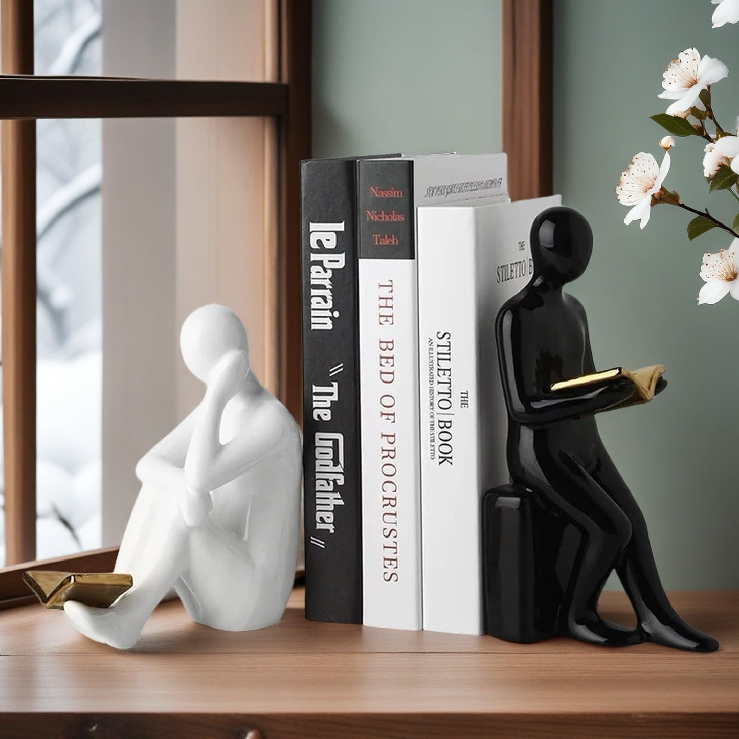 Home Decorative Reading Book Statue Bookends Elegant Resin Bookshelf Room Office Desk Decor,Paper Weights, Book Ends,Bookend Supports, Book Stoppers, Set of 2 (Black and White)
