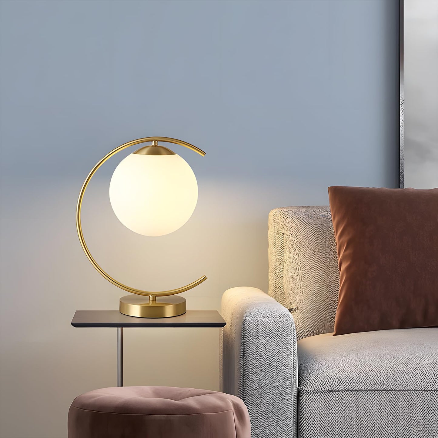 KCO Lighting Mid-Century Bedside Table Lamp Modern Glass Ball Desk Lamp Gold Reading Lamp Moon Shape Metal Table Light for Bedroom Living Room Office