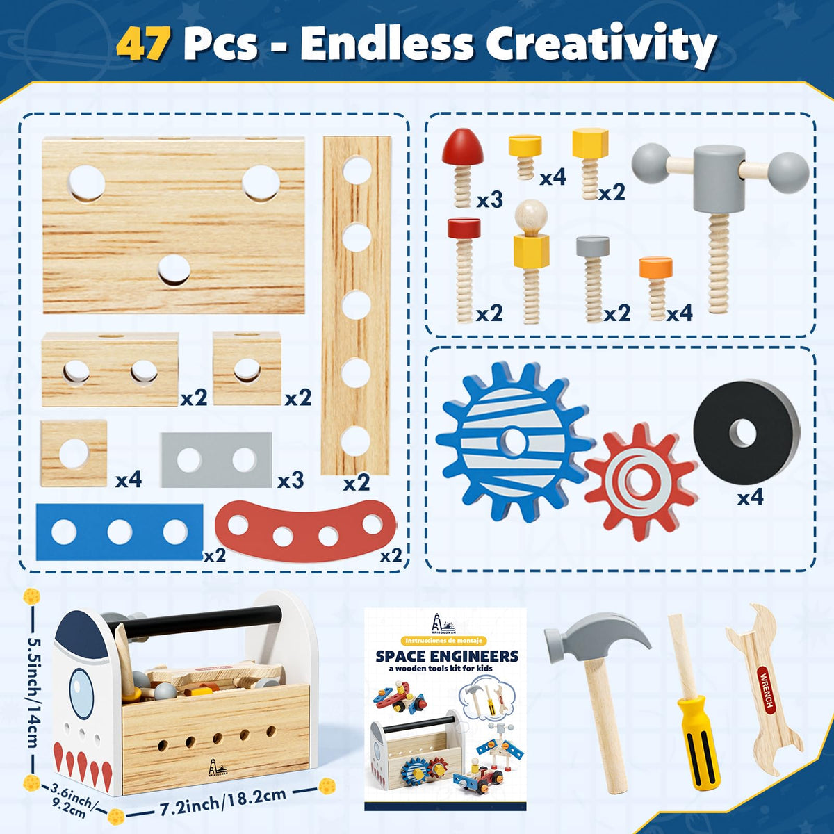 Wooden Kids Tool Set, Space Themed Montessori Toy, 47Pcs Construction Toolbox for Toddlers 3-5 Years Old