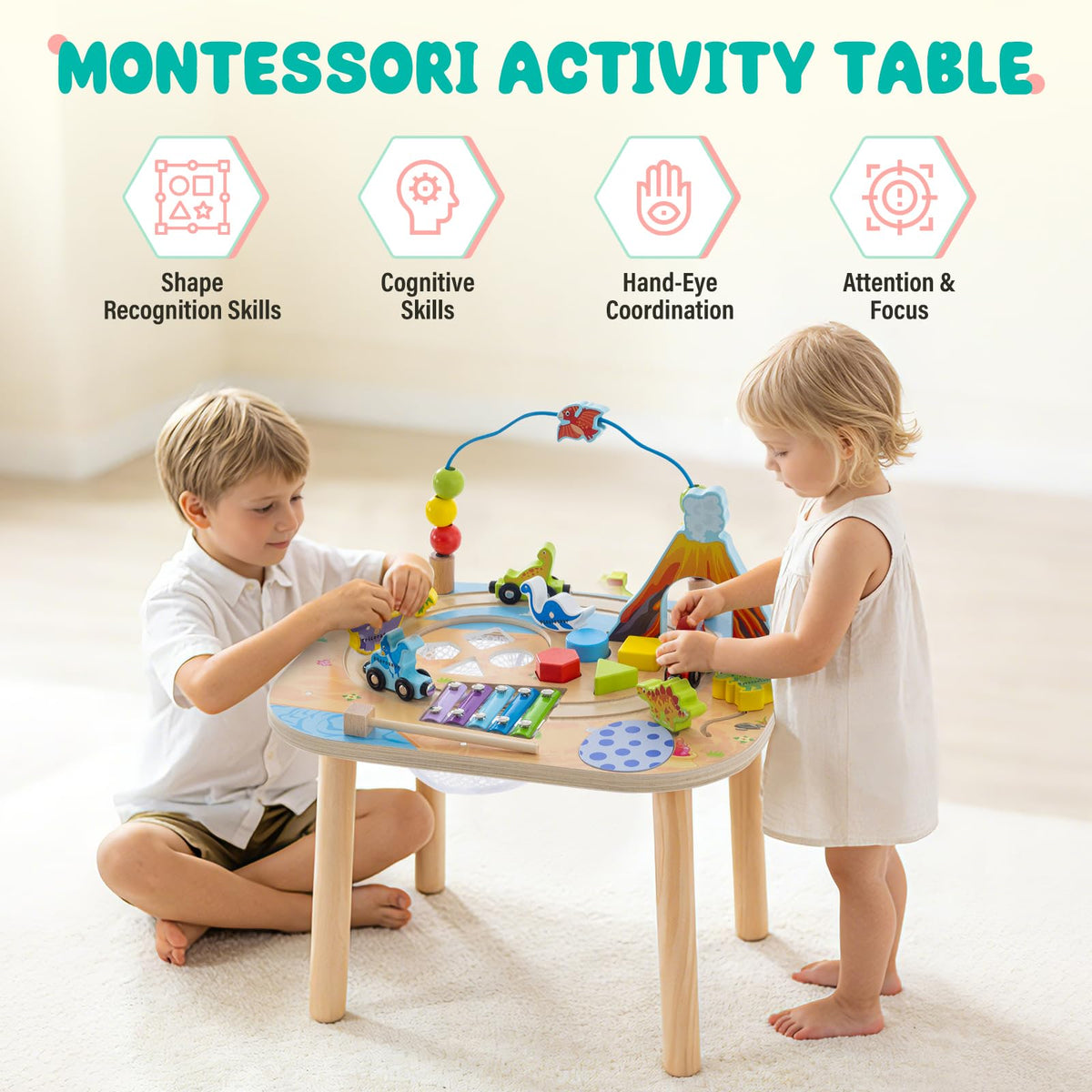 Gewitt Montessori Activity Table for 1 Year Old, 9-in-1 Wooden Activity Table with Adjustable Height, Train, Shape Sorter, Xylophone, Baby Sensory Educational Learning Toys, Birthday Gift (Dinosaur)