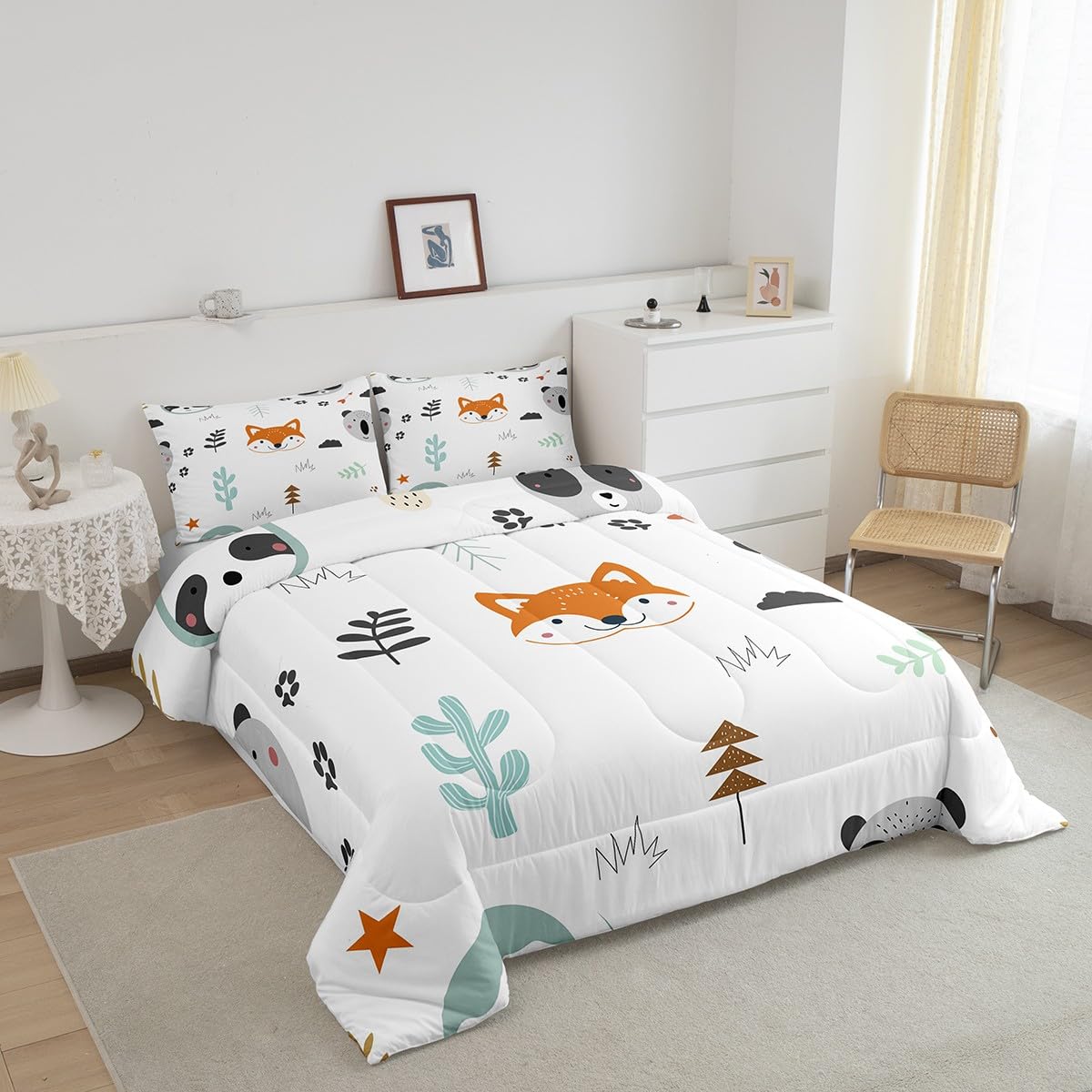 Feelyou Cute Fox Comforter Set Twin Size Cartoon Animal Bedding Set for Boys Girls Teens Bedroom Decor Zoo Animal Comforter Women Men Wildlife Duvet Set with 1 Pillow Case