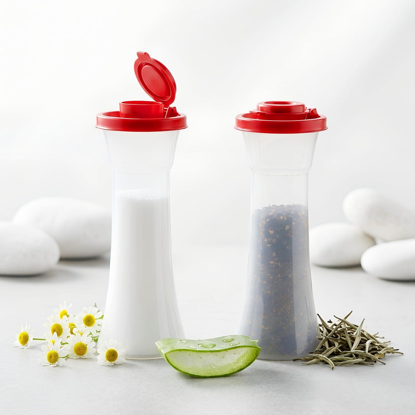 Tupperware Large Hourglass Salt and Pepper with Red Seals