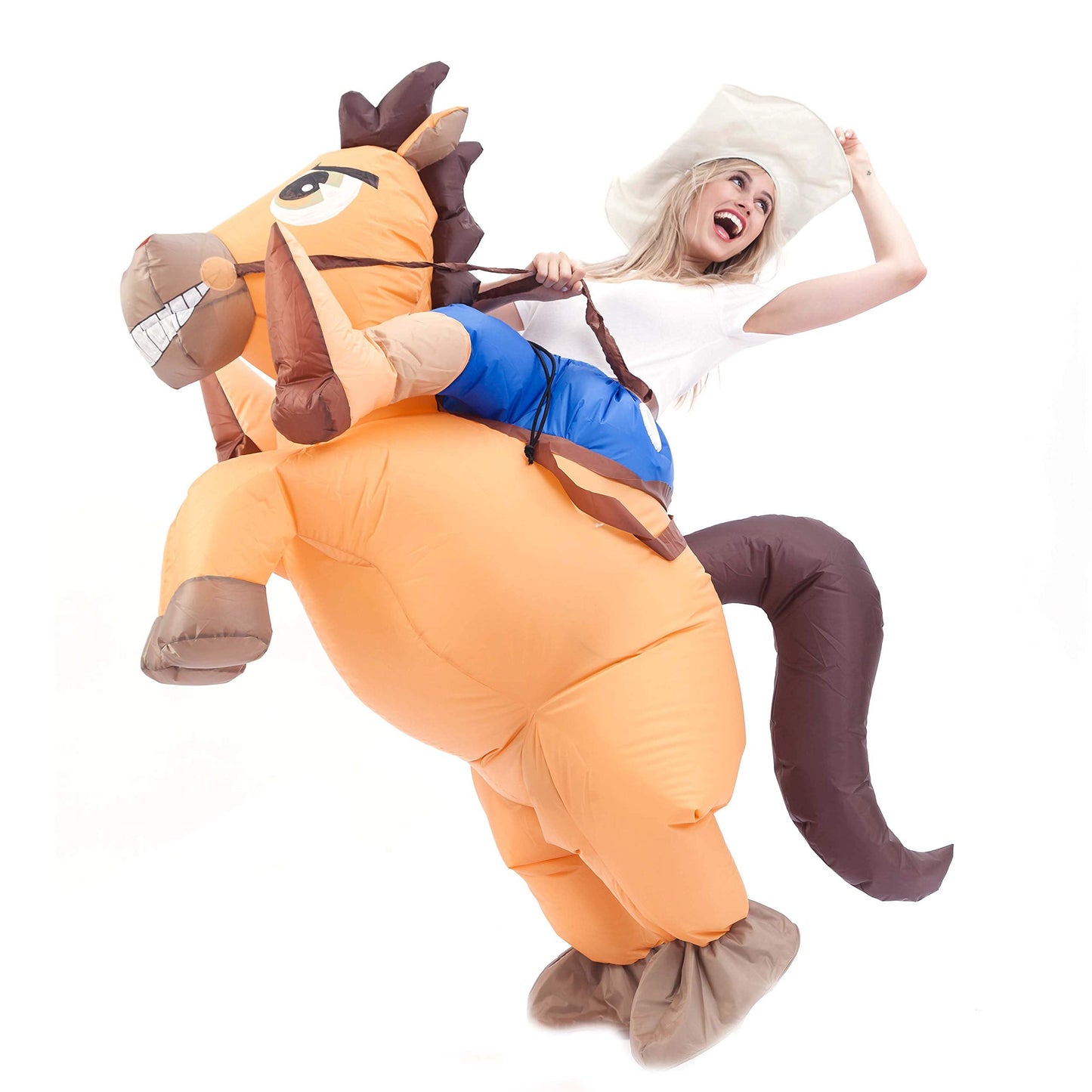 Spooktacular Creations Halloween Inflatable Costume, Riding a Horse Suit, Cowboy Suit with a Hat, Air Blow Up Deluxe Halloween Outfit, Cowboy Ride On Horse Costume - Adult Size