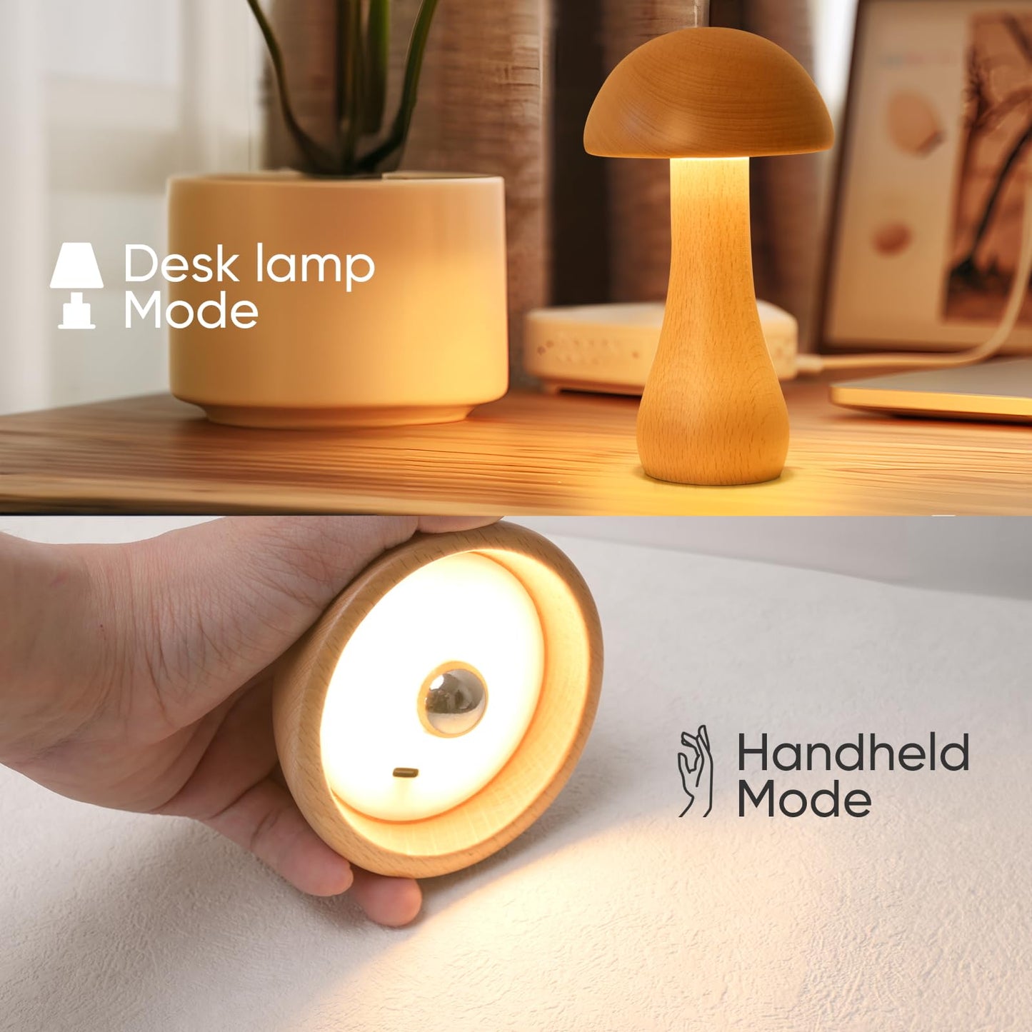 Wooden Small Mushroom Lamp, Touch Switch Cordless Table Lamp for nightstand, Rechargeable Battery Operated Night Light, 360 Degree Rotation Adjustable, Stepless Dimming Desk Lamps for Living Room