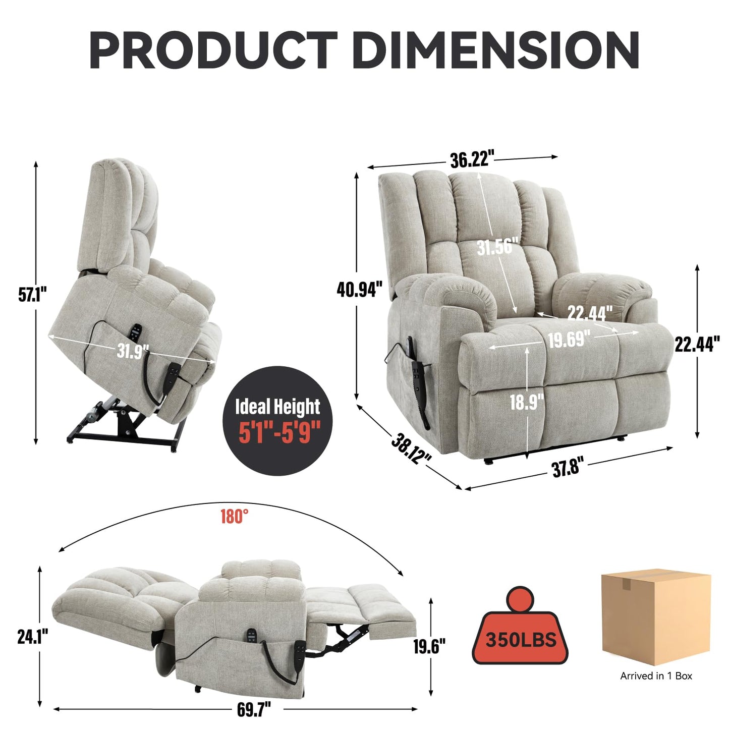 GDFStudio Dual Motor Power Lift Recliner Chair with Massage and Lumbar Heat, Heavy Duty Electric Reclining Chair with Remote Control, Supports Up to 350 LBS, Beige